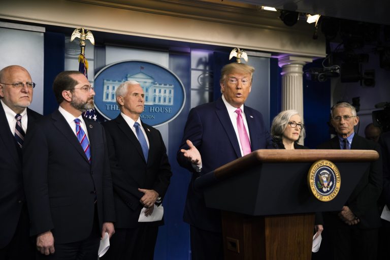 President Donald Trump with members of the president's coronavirus task force speaks during a news conference at the Brady press briefing room of the White House, Wednesday, Feb. 26, 2020, in Washington. 