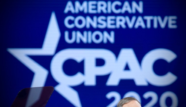 A speaker talks during Conservative Political Action Conference, CPAC 2020, at the National Harbor, in Oxon Hill, Md., Friday, Feb. 28, 2020. 