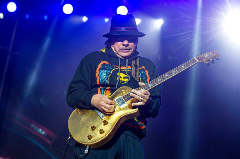 This May 26, 2019 file photo shows Carlos Santana of Santana performing at the BottleRock Napa Valley Music Festival  in Napa, California.