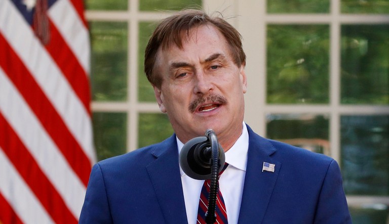 My Pillow CEO Mike Lindell speaks about the coronavirus in the Rose Garden of the White House, Monday, March 30, 2020, in Washington. 