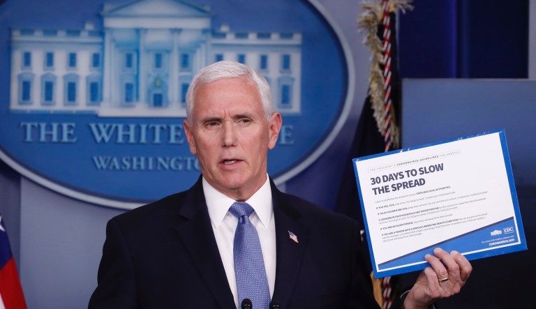 Vice President Mike Pence speaks about the coronavirus in the James Brady Press Briefing Room of the White House, Tuesday, March 31.