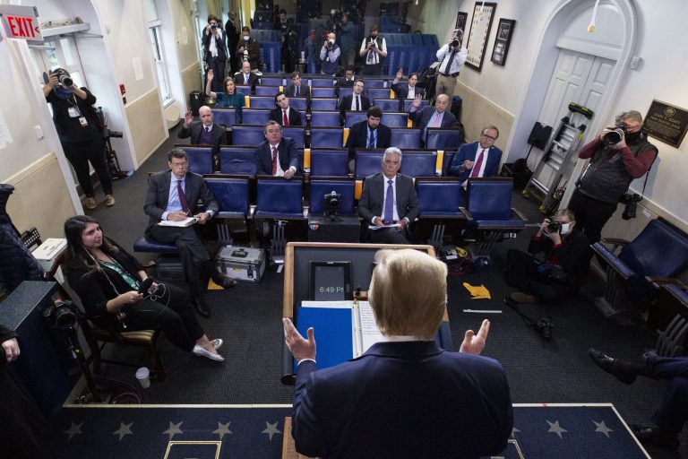 ABC's Jonathan Karl, second row left, regularly engages President Trump at the virus briefings.