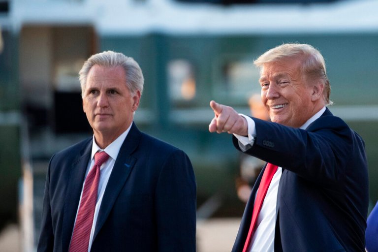 President Donald Trump speaks to reporters after stepping off Air Force One as he returns Saturday, May 30, 2020, at Andrews Air Force Base, Md. Trump is returning from Kennedy Space Center for the SpaceX Falcon 9 Launch. House Minority Leader Kevin McCarthy of Calif. is at left.