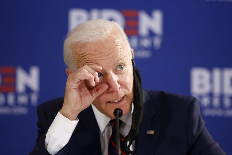 Democratic presidential candidate, former Vice President Joe Biden gestures while discussing eye exams during a roundtable on economic reopening with community members, Thursday, June 11, 2020, in Philadelphia.