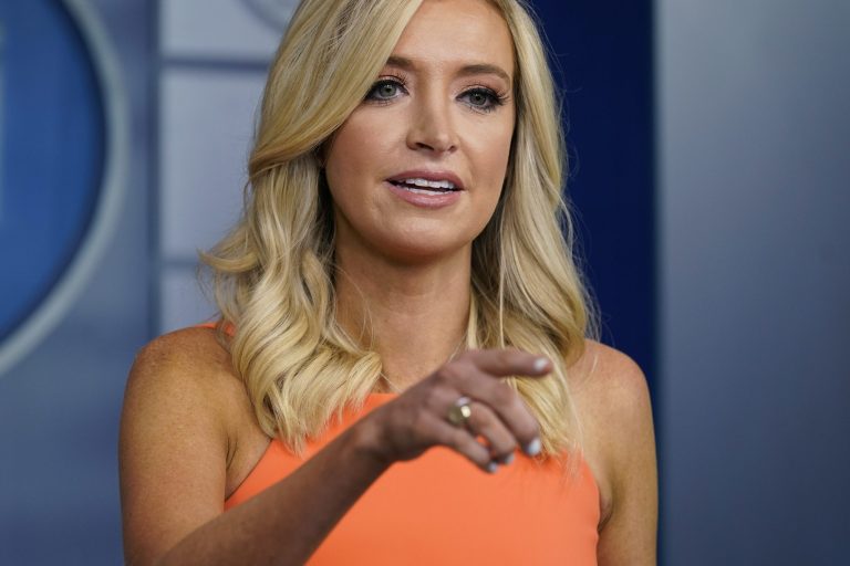 White House press secretary Kayleigh McEnany speaks during a press briefing at the White House, Monday.