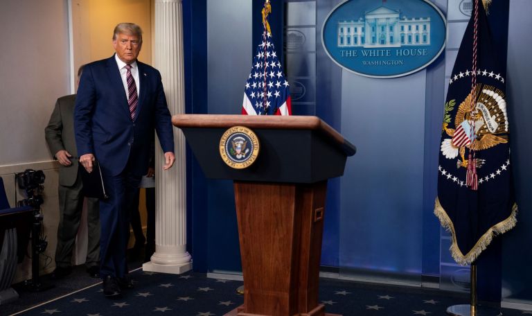 President Donald Trump arrives to deliver a statement on the election in the briefing room of the White House, Thursday, Nov. 5, 2020, in Washington.