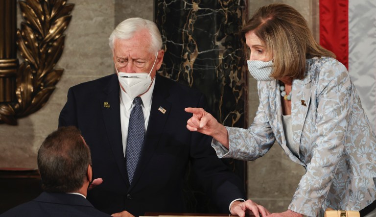 House Majority Leader Steny Hoyer, D-Md., and Speaker of the House Nancy Pelosi of Calif., speak during votes on opening day of the 117th Congress at the U.S. Capitol in Washington, Sunday, Jan. 3, 2021.