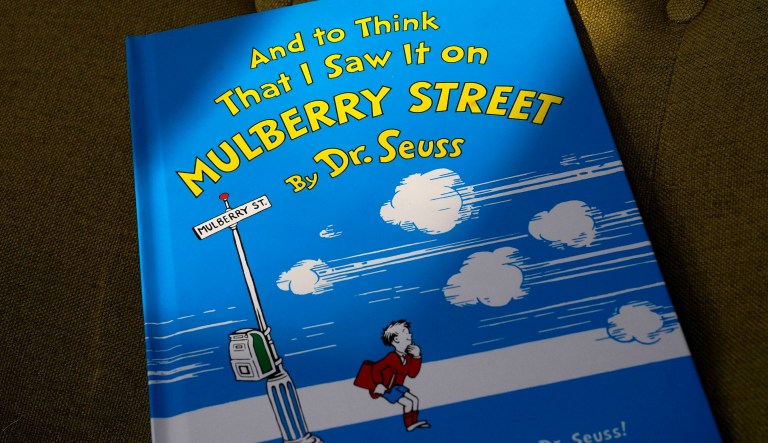 A copy of the book "And to Think That I Saw It on Mulberry Street," by Dr. Seuss, rests in a chair, Monday, March 1, 2021, in Walpole, Mass. Dr. Seuss Enterprises, the business that preserves and protects the author and illustrator's legacy, announced on his birthday, Tuesday, March 2, 2021, that it would cease publication of several children's titles including "And to Think That I Saw It on Mulberry Street" and "If I Ran the Zoo," because of insensitive and racist imagery.