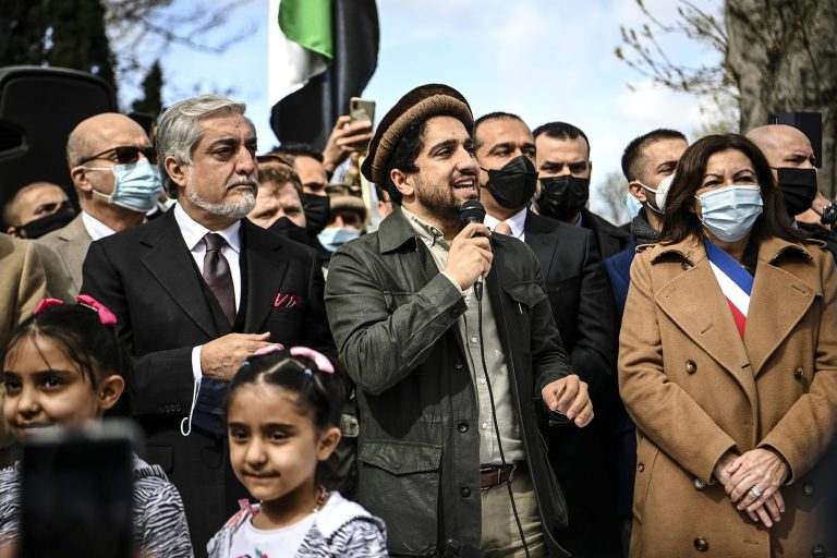 Ahmad Massoud, son of late Afghan commander Ahmad Shah Massoud, center, speaks to supporters.