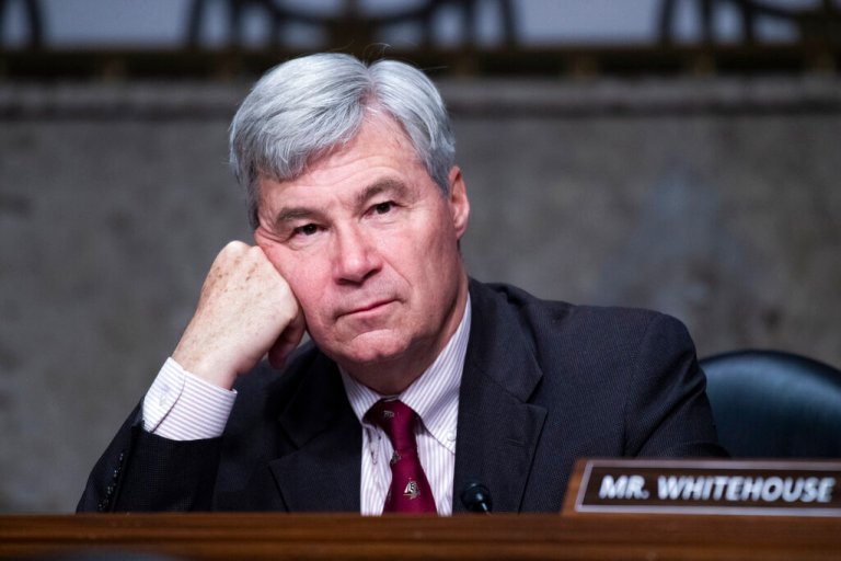 Sen. Sheldon Whitehouse (D-RI) listens during a Senate Judiciary Committee hearing on Capitol Hill in Washington.