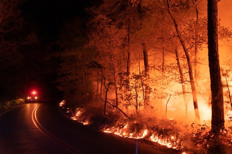 In this photo provided by New Jersey Department of Environmental Protection, a forest fire burns along a road in Little Egg Harbor Township, N.J., on Sunday, May 16, 2021. (New Jersey Department of Environmental Protection via AP)