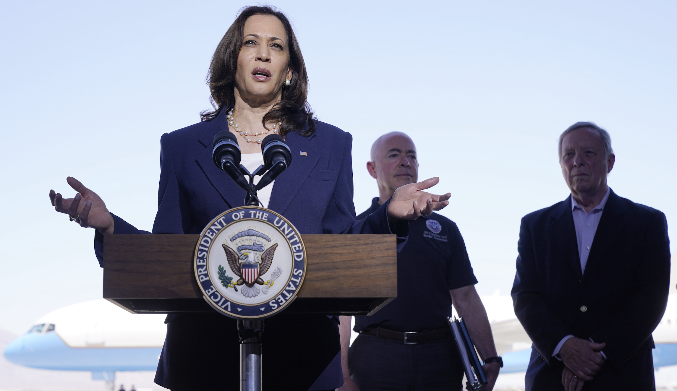 Harris answers question about border visit by attacking Trump