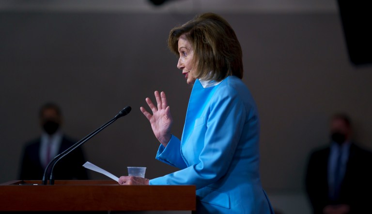 Speaker of the House Nancy Pelosi, D-Calif., meets with reporters at the Capitol in Washington, Friday, Aug. 6, 2021. Pelosi lamented the death of Richard Trumka, the longtime president of the AFL-CIO labor organization.