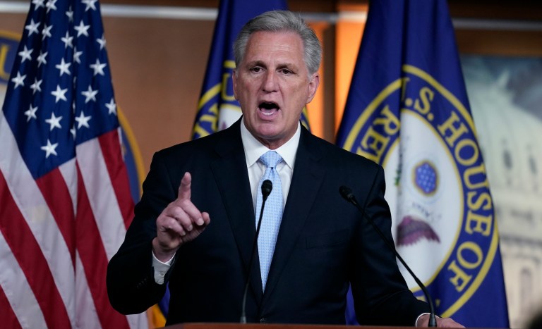 House Minority Leader Kevin McCarthy, R-Calif., speaks at a news conference at the Capitol in Washington, Friday, Aug. 27, 2021.  (AP Photo/J. Scott Applewhite)