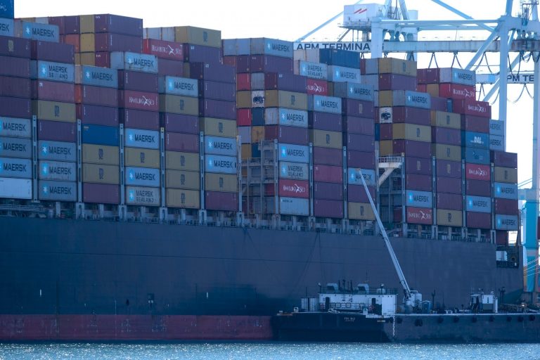 Cargo containers sit stacked on ships at the Port of Los Angeles, Oct. 20, 2021 in San Pedro, Calif. (AP Photo/Ringo H.W. Chiu)