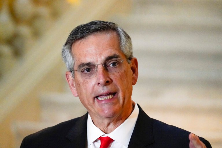 In this Nov. 30, 2020, photo, Georgia Secretary of State Brad Raffensperger speaks during a news conference in Atlanta. Georgia's most populous county, a Democratic stronghold that includes most of Atlanta, faces a high-stakes test in Tuesdayâs Nov. 2, 2021, municipal elections, with some Republicans itching for a state takeover using a sweeping new law.