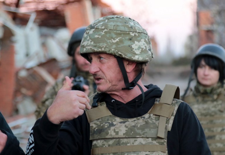 Hollywood actor and producer Sean Penn visits positions of the Ukrainian Armed Forces near the frontline with Russia-backed separatists in Donetsk region, Ukraine, Thursday, Nov. 18, 2021. Sean Penn came to Ukraine to shoot a film.
