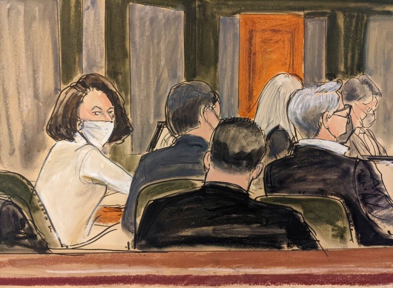 In this courtroom sketch, Ghislaine Maxwell sits at the defense table during the final stages of jury selection.