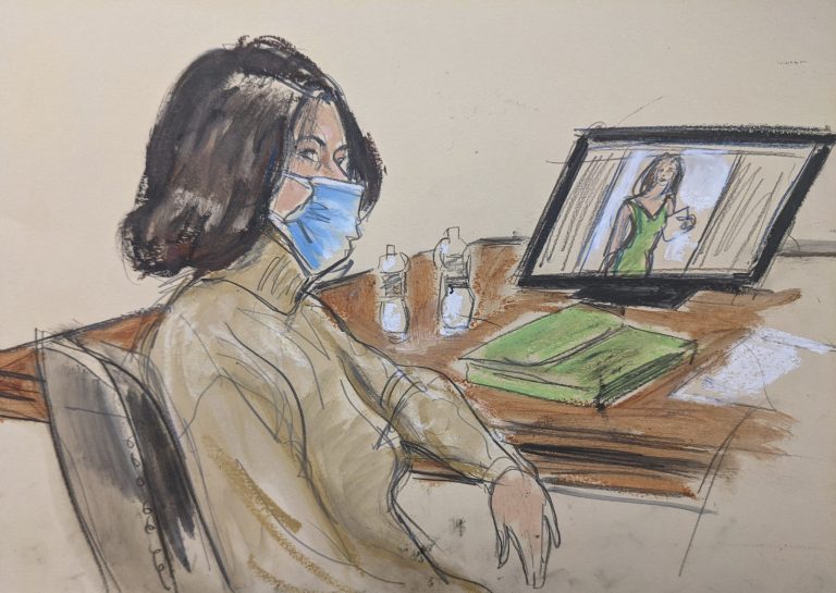 In this courtroom sketch, Ghislaine Maxwell is seated at the defense table during her trial on Nov. 30., 2021.