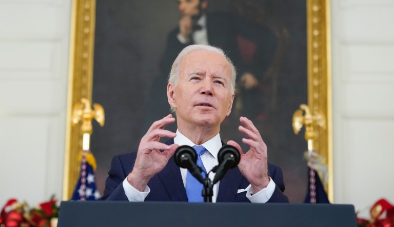 President Joe Biden speaks about the COVID-19 response and vaccinations, Tuesday, Dec. 21, 2021, in the State Dining Room of the White House in Washington.