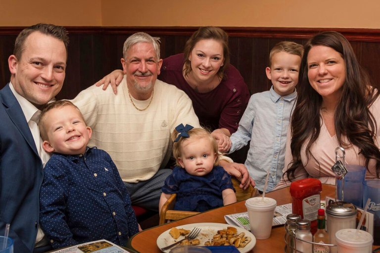 This photo provided by the family shows, from left, David Bennett Jr., Preston Bennett, David Bennett Sr., Gillian Bennett, Nicole (Bennett) McCray, Sawyer Bennett, and Kristi Bennett in 2019. In a medical first, doctors transplanted a pig heart into Bennett Sr.