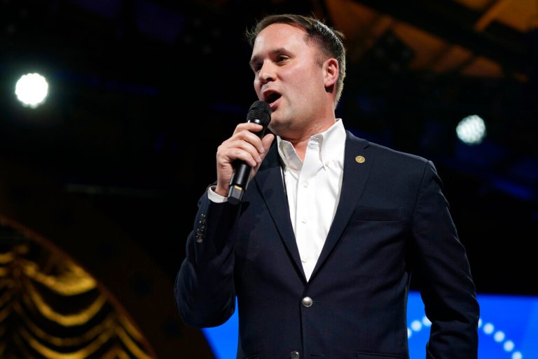 Virginia Attorney General Jason Miyares speaks to the crowd during an inaugural celebration Saturday Jan. 15, 2022, in Richmond, Va.