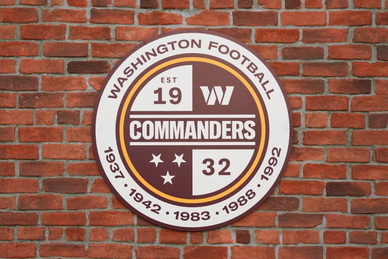 A Washington Commanders sign is shown as they unveil their NFL football team's new identity, Wednesday, Feb. 2, 2022, in Landover, Md. 