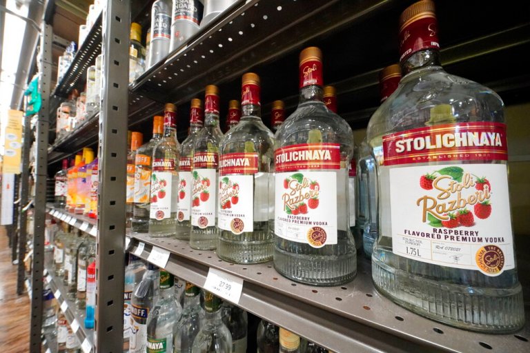 This is a display of Stolichnaya Vodka from Russia in a Total Wine and More store in University Park, Florida, on Sunday, Feb. 27, 2022. 