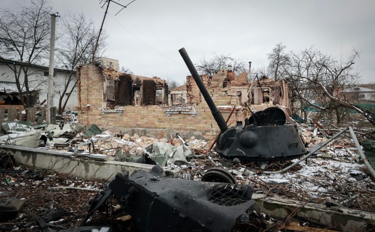 Destroyed buildings are seen in the town of Bucha, close to the capital Kyiv, Ukraine, Tuesday, March 1, 2022. 