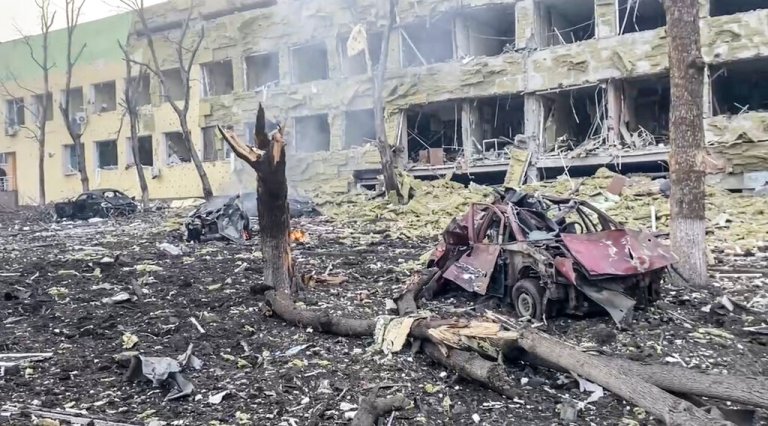 This image taken from video provided by the Mariupol City Council shows the aftermath of Mariupol Hospital after an attack, in Mariupol, Ukraine, Wednesday March 9, 2022. 
