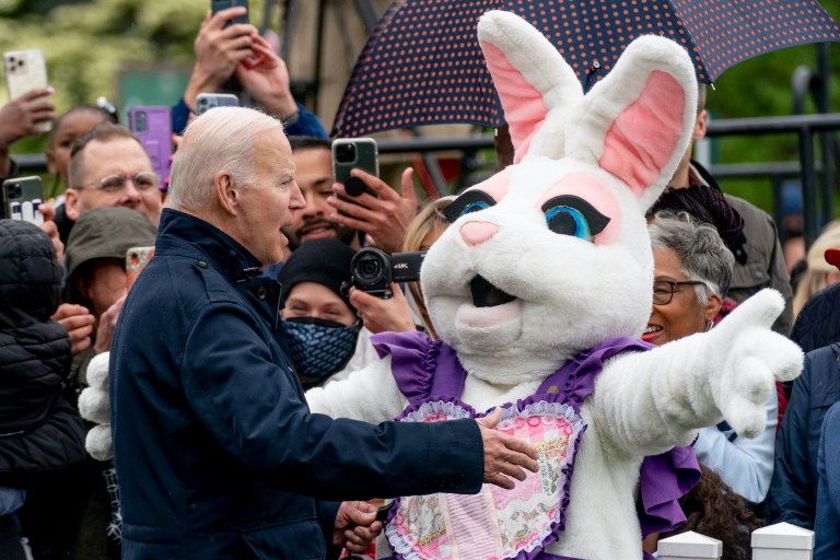 President Joe Biden appears with first lady Jill Biden and the Easter Bunny.