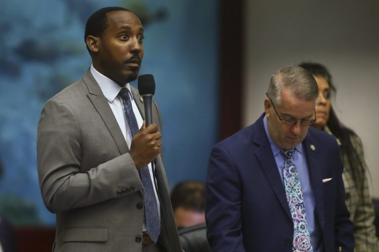 Rep. Ramon Alexander, D-Tallahassee speaks during debate on Senate Bill 2-C: Establishing the Congressional Districts of the State in the House of Representatives Thursday, April 21, 2022 at the Capitol in Tallahassee, Fla. At right is Rep. Matt Willhite, D-Wellington. The session was halted later due to a sit-down protest by a small group of Democrats, but continued after a brief recess, and the bill passed. 