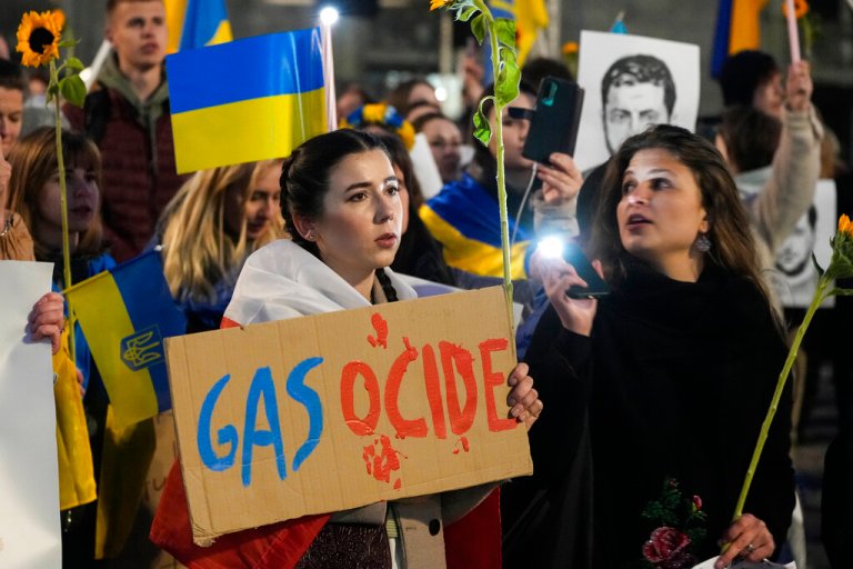 Fridays For Future climate activists attend a protest demanding an energy embargo on Russia and the end of the war in Ukraine in Warsaw, Poland, on Friday.