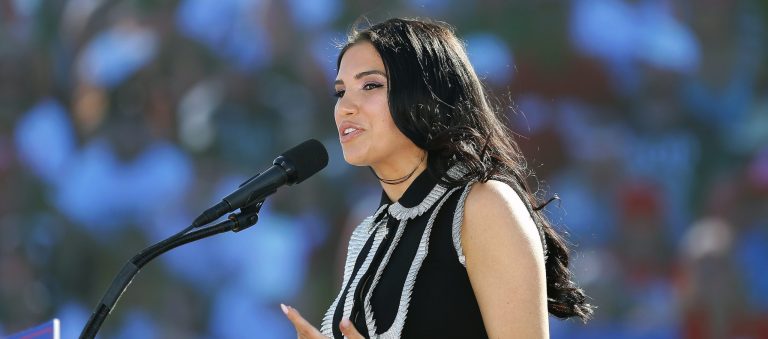 Republican congressional candidate Madison Gesiotto Gilbert speaks at the Save America rally at the Delaware County Fairgrounds, Saturday, April 23, 2022, in Delaware, Ohio. Gilbert won her partyâs primary Tuesday in Ohioâs 13th Congressional District.