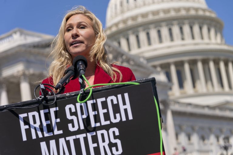 Rep. Marjorie Taylor Greene, R-Ga., speaks about Twitter, Thursday, April 28, 2022, on Capitol Hill in Washington. 
