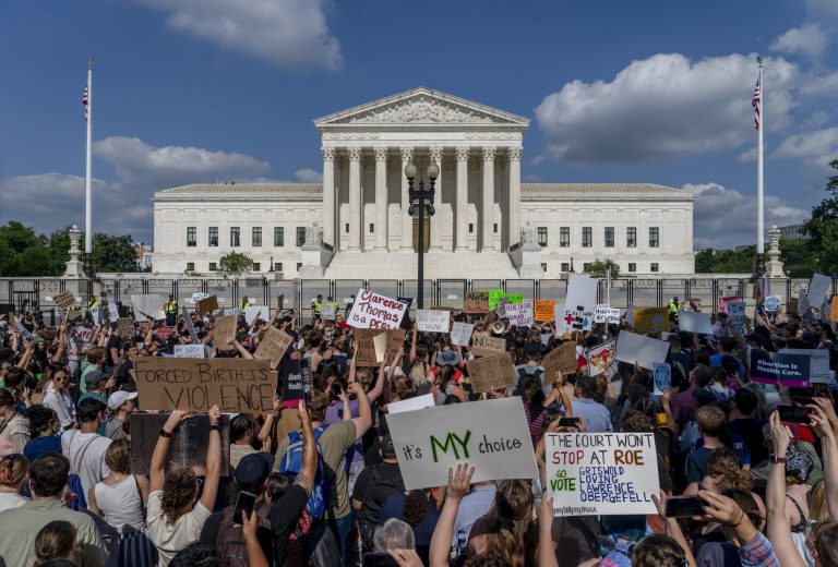 Pro-abortion rights and anti-abortion demonstrators gather outside the Supreme Court.