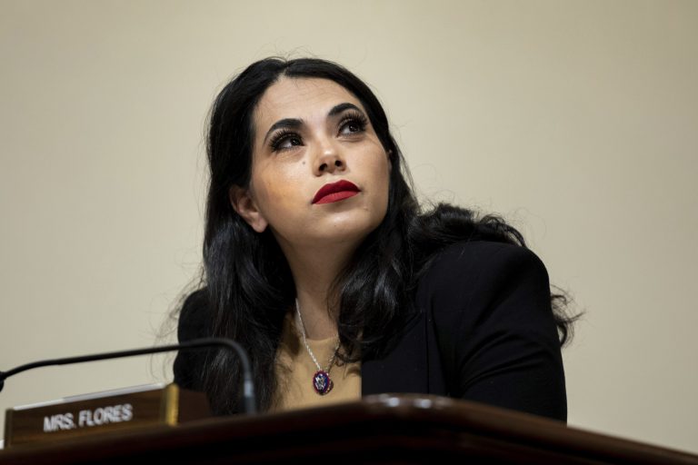Rep. Mayra Flores (R-TX) listens during a House Committee on Homeland Security hearing addressing threats to election security at the Capitol in Washington.