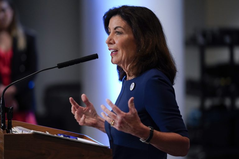 New York Governor Kathy Hochul speaks during a news conference in New York, Thursday, July 21, 2022. Hochul announced an end to COVID restrictions for schools in the state on Monday, Aug. 22, 2022. (AP Photo/Seth Wenig)