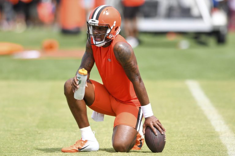 Cleveland Browns quarterback Deshaun Watson takes part in drills.