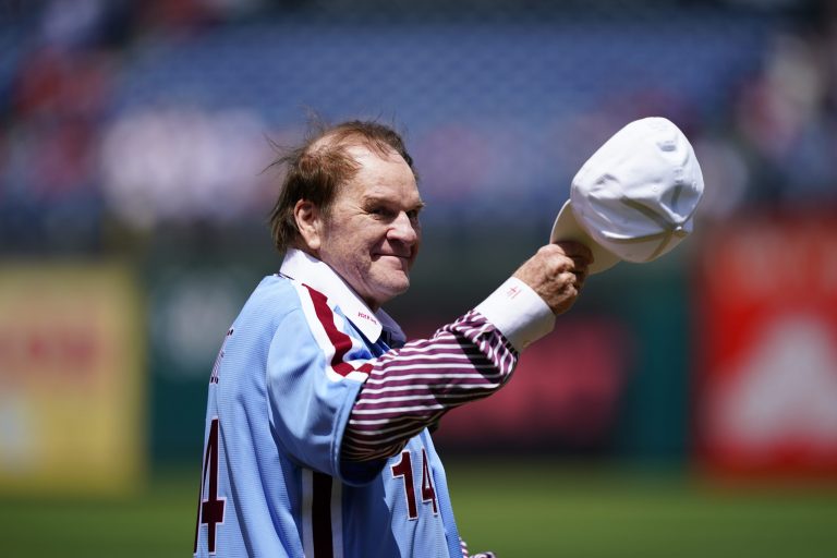 Former Philadelphia Phillies player Pete Rose was honored on the field as part of the 1980 World Series team before a baseball game between the Phillies and the Washington Nationals, Sunday, Aug. 7, 2022, in Philadelphia.
