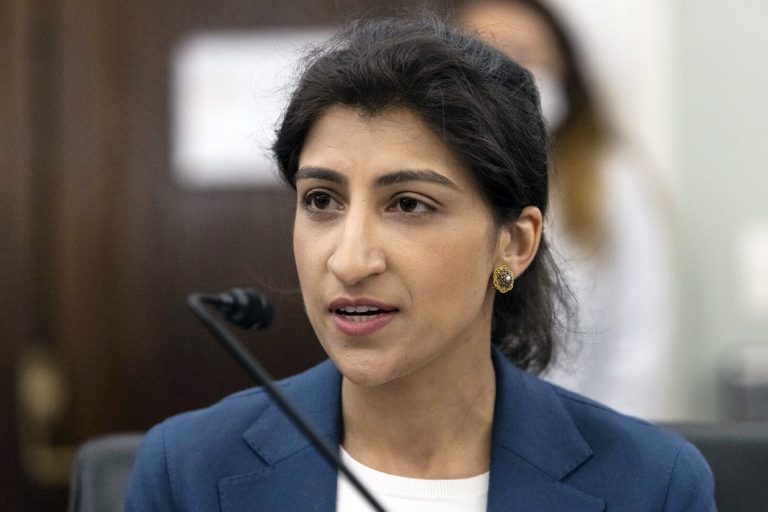 Lina Khan, then-nominee for Commissioner of the Federal Trade Commission (FTC), speaks during a Senate Committee on Commerce, Science, and Transportation confirmation hearing on Capitol Hill in Washington, April 21, 2021. 