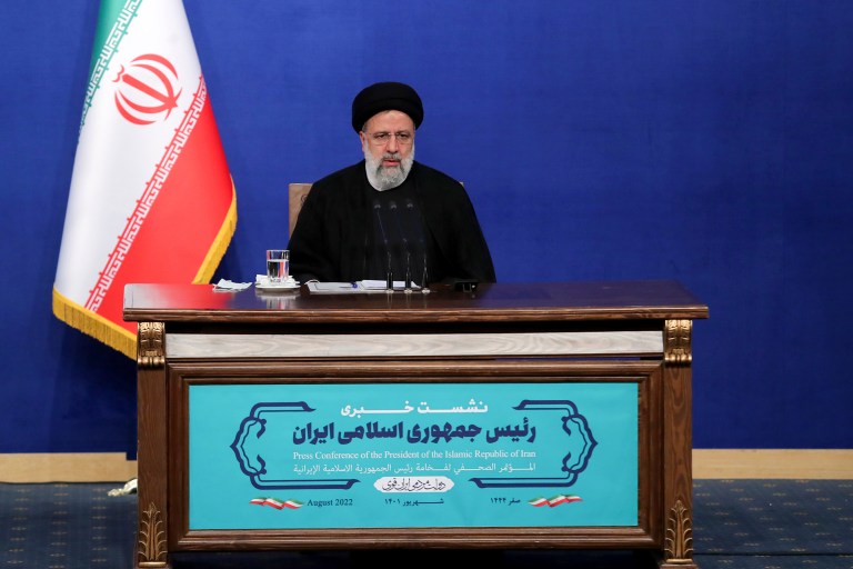 President Ebrahim Raisi speaks during his press conference in Tehran, Iran, Monday, Aug. 29, 2022. Raisi warned that any roadmap to restore Tehran's tattered nuclear deal with world powers must see international inspectors end their probe on man-made uranium particles found at undeclared sites in the country. 