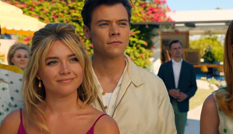 This image released by Warner Bros. Entertainment shows Florence Pugh, left, and Harry Styles in a scene from Don't Worry Darling.