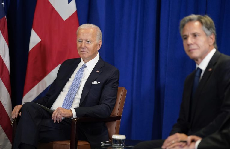 President Joe Biden and Secretary of State Antony Blinken, right, listen as they attend a meeting with British Prime Minister Liz Truss during the 77th session of the United Nations General Assembly on Sept. 21.Â 