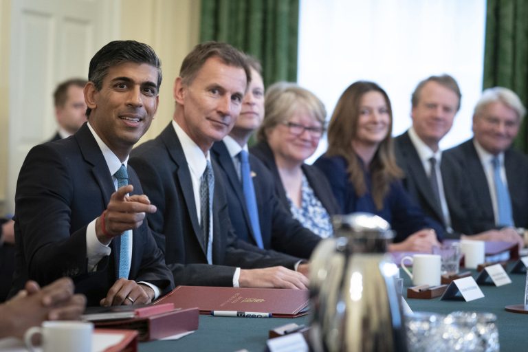 Prime Minister Rishi Sunak, left, alongside the Chancellor of the Exchequer, Jeremy Hunt, second from left, holds his first Cabinet meeting in Downing street on Oct. 26.