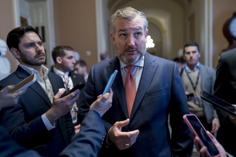 Sen. Ted Cruz, R-Texas, talks to reporters after Senate Republicans met behind closed-doors to hold their leadership elections, at the Capitol in Washington, Wednesday, Nov. 16, 2022. Senate Minority Leader Mitch McConnell, R-Ky., held off a challenge by Sen. Rick Scott, R-Fla., an ally of former President Donald Trump. 