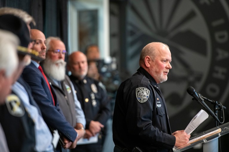 Moscow, Idaho, Police Chief James Fry answers questions at a press conference, on Wednesday, Nov. 23, 2022, in Moscow, Idaho, about a quadruple homicide investigation involving four University of Idaho students. Ten days after four students were stabbed to death in their rooms, police said Wednesday they still have not identified a suspect or found a murder weapon, and they continued asking for tips and surveillance video. 