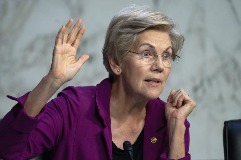 FILE - Sen. Elizabeth Warren, D-Mass., questions the witnesses about Zelle, at a Senate Banking Committee annual Wall Street oversight hearing, Sept. 22, 2022, on Capitol Hill in Washington.
