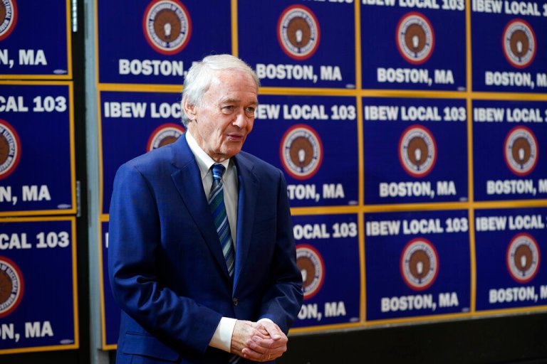 Sen. Ed Markey, D-Mass., speaks while visiting a phone bank at International Brotherhood of Electrical Workers Local 103 before President Joe Biden's arrival, Friday, Dec. 2, 2022, in Boston. 