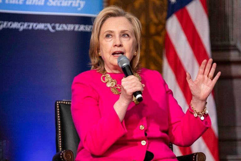 Former Secretary of State Hillary Clinton speaks during the Hillary Rodham Clinton awards ceremony at Georgetown University in Washington on Monday, Dec. 5, 2022.